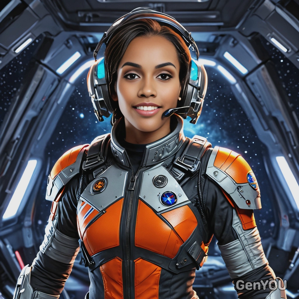 as a space pilot in a futuristic flight suit, flying a starship, stars and asteroids in illuminators, vivid colors, symmetrical clothing details, cartoon style, high-quality stylized art