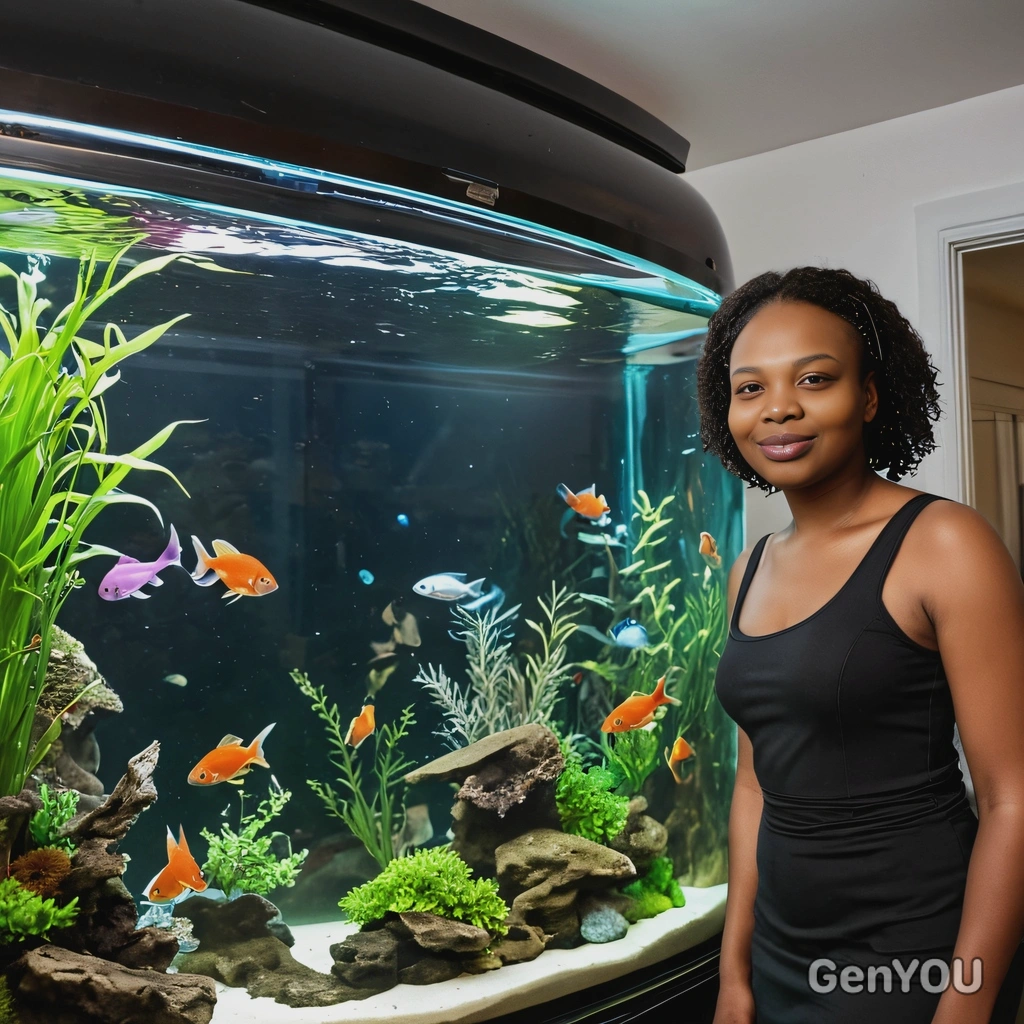 by a large home aquarium with fish, the room softly lit 