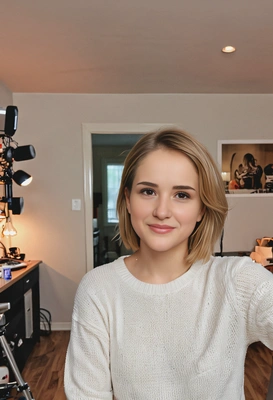 as a YouTube blogger, well-lit room with in the background