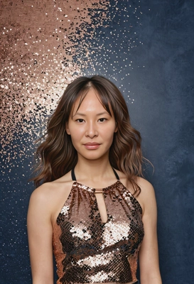 student in a rose gold sequined halter top, her hair styled in loose waves, murky blue yearbook backdrop, mid-shot photo, clear forehead 