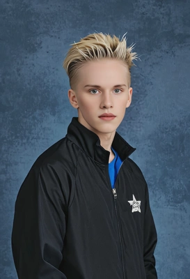 student with short spiky hair, in a black windbreaker, classic blue yearbook background 