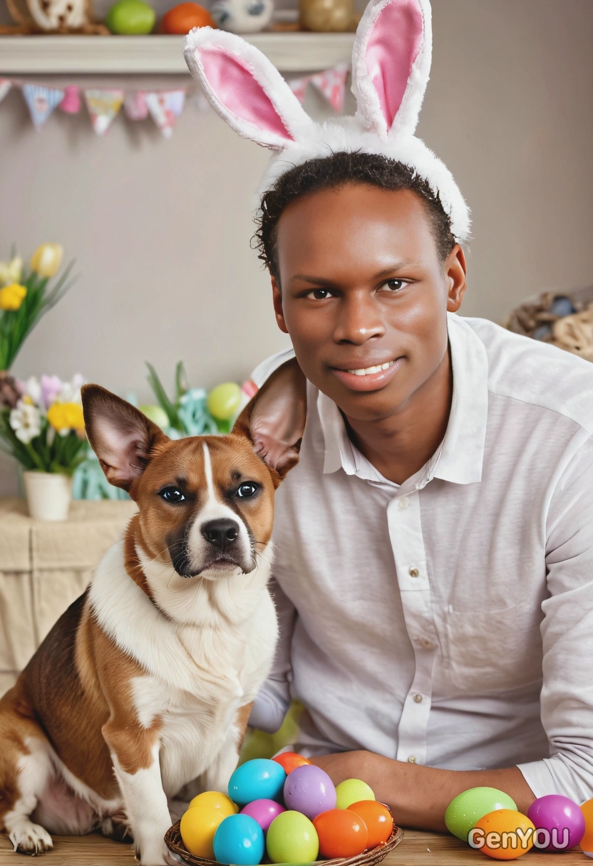 with his dog as the Easter Bunny, surrounded by colorful eggs, soft focus, blurred background