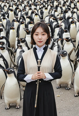  standing in front of an orchestra of penguins, holding a conductor’s baton