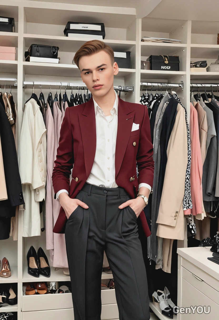 as a fashion stylist, wearing a chic blazer and high-waisted trousers, standing in a luxurious dressing room filled with racks of high-end clothing and accessories