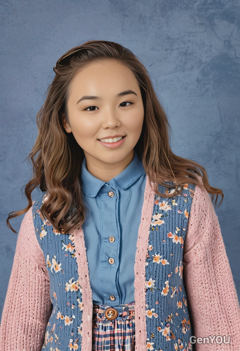 student with crimped hair wearing a pastel cardigan over a floral dress, smiling softly, classic blue yearbook background, medium shot photo 