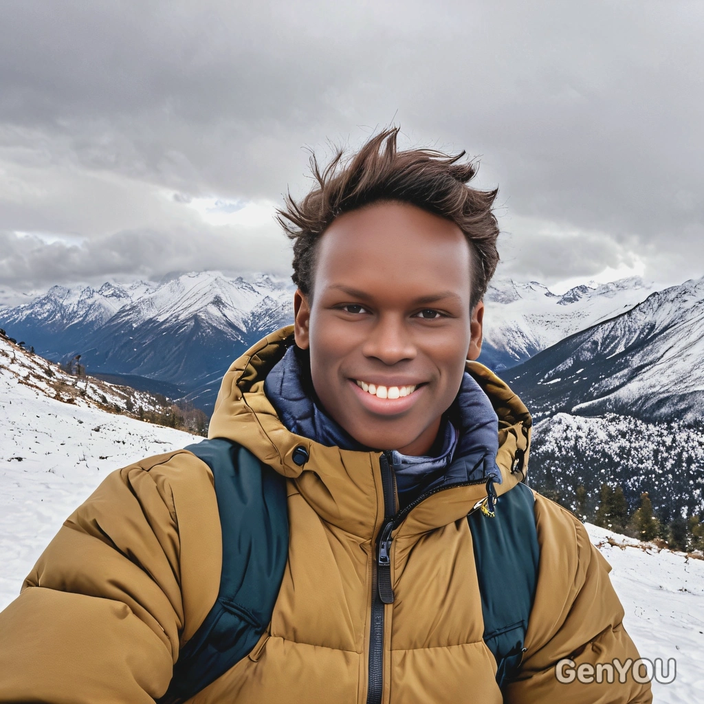 smiling, in a puffer jacket, standing in front of snow-capped mountains, selfie 