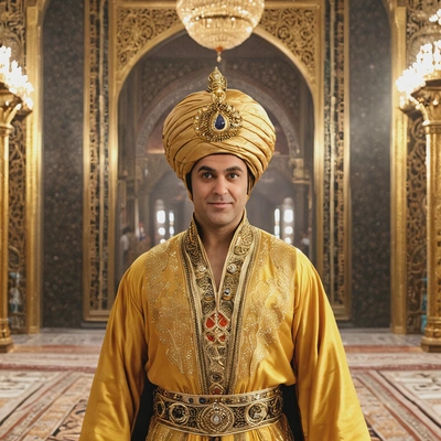 As the Sultan from Aladdin, wearing an opulent golden robe with a large turban, standing in a vast throne room with an air of authority