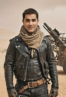 as Mad Max from Mad Max: Fury Road, wearing his worn-out leather jacket and scarf with a sawed-off shotgun, standing in a post-apocalyptic desert with a massive sandstorm approaching