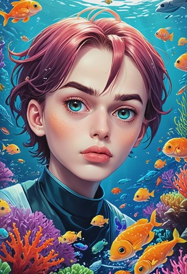 Anime style underwater world portrait, colorful sea creatures