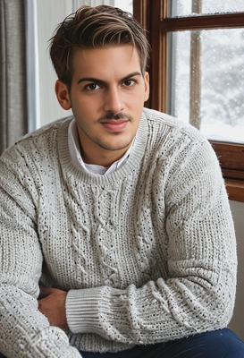 in a warm sweater, sitting by a window with snow outside, looking at viewer 