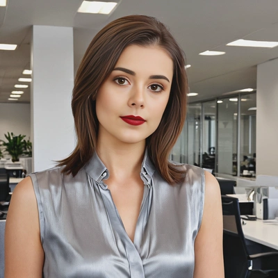 headshot, with shoulder-length straight brown hair, wearing a silver silk blouse, in a modern office setting