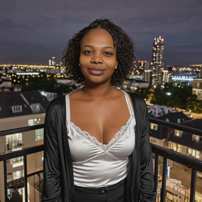 mid-shot, in a satin camisole and a lightweight cardigan, on a cozy balcony with city lights