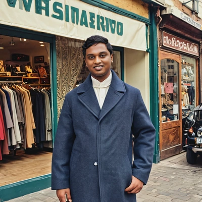 in front of a vintage store in a stylish coat
