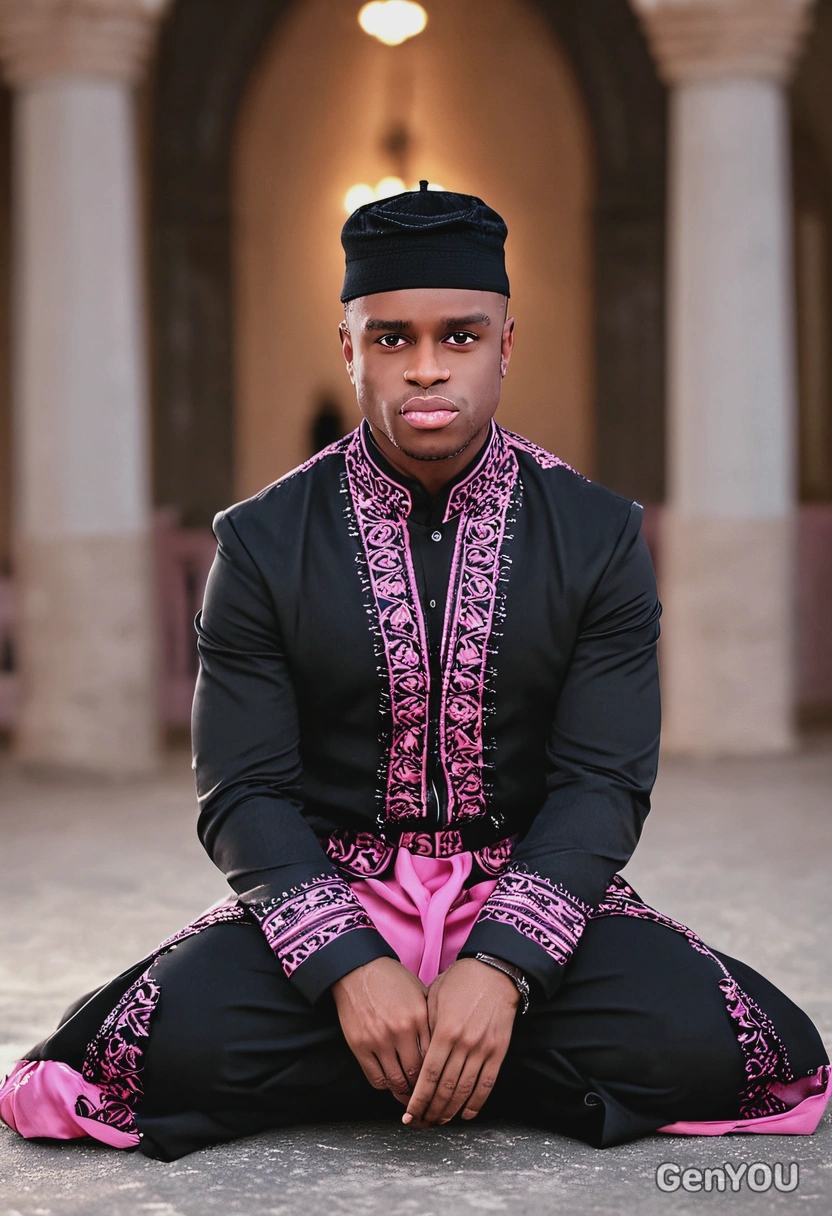 as a stylish man in black and pink outfit, blurred background, sitting turkish-style on the ground, symmetrical details, soft lighing