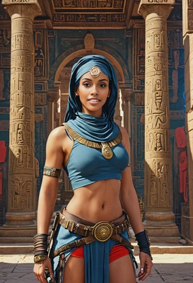 as a bounty hunter in Egypt, ancient temple behind, looking directly at you, vivid colors, symmetrical clothing details, video game style, high-quality stylized art