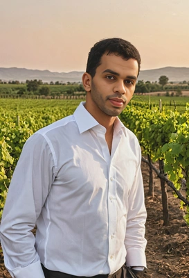 in a private vineyard at sunset, dressed in elegant white shirt