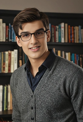 wearing glasses, at the minimalistic home library, dark lighting, blurred background