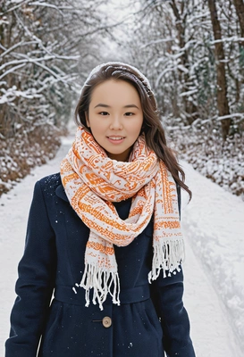 in a bright warm scarf, walking down a snow-covered lane 