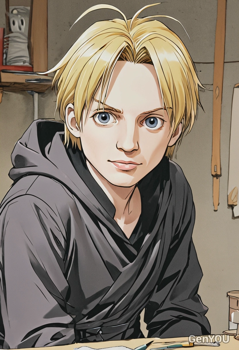 Edward Elric in a workshop, anime, big eyes, manga drawing