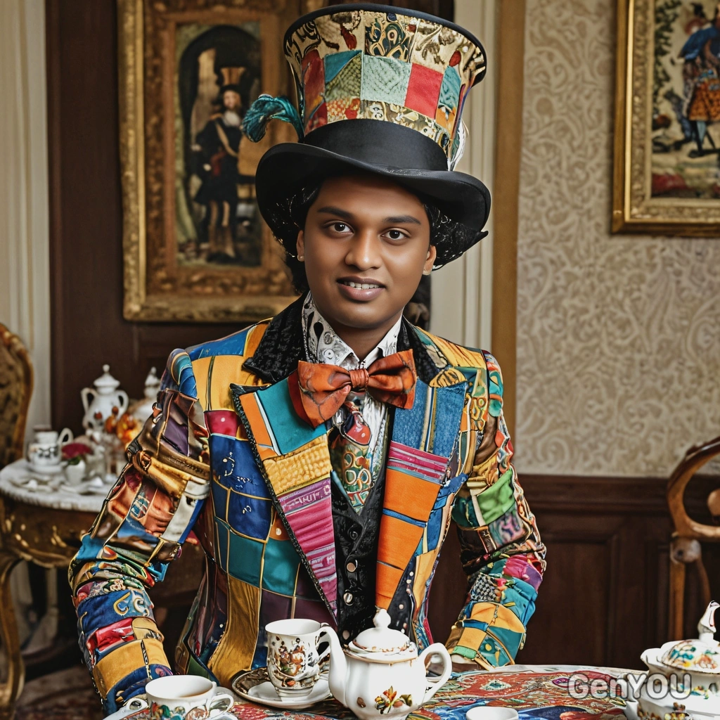 As the Mad Hatter from Alice in Wonderland, wearing an eccentric patchwork suit and a tall top hat, standing at a tea table