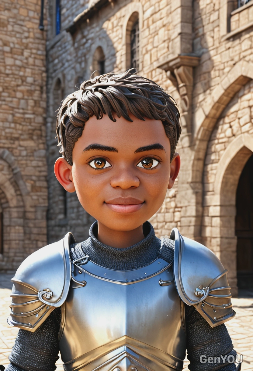 3D cartoon style, young male knight in shiny armor, oversized cartoon big sparkling eyes, waist-up pose, medieval courtyard background