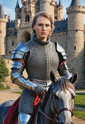 as a knight, in chainmail, on horseback, in front of blurred castle, looking at camera, vivid colors, symmetrical clothing details, 3D video game style, high-quality stylized art