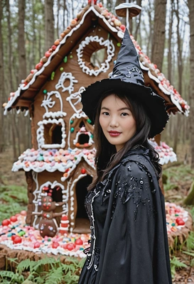 As the Wicked Witch from Hansel and Gretel, wearing a tattered black cloak and hat, standing in front of a candy-covered gingerbread house in the woods