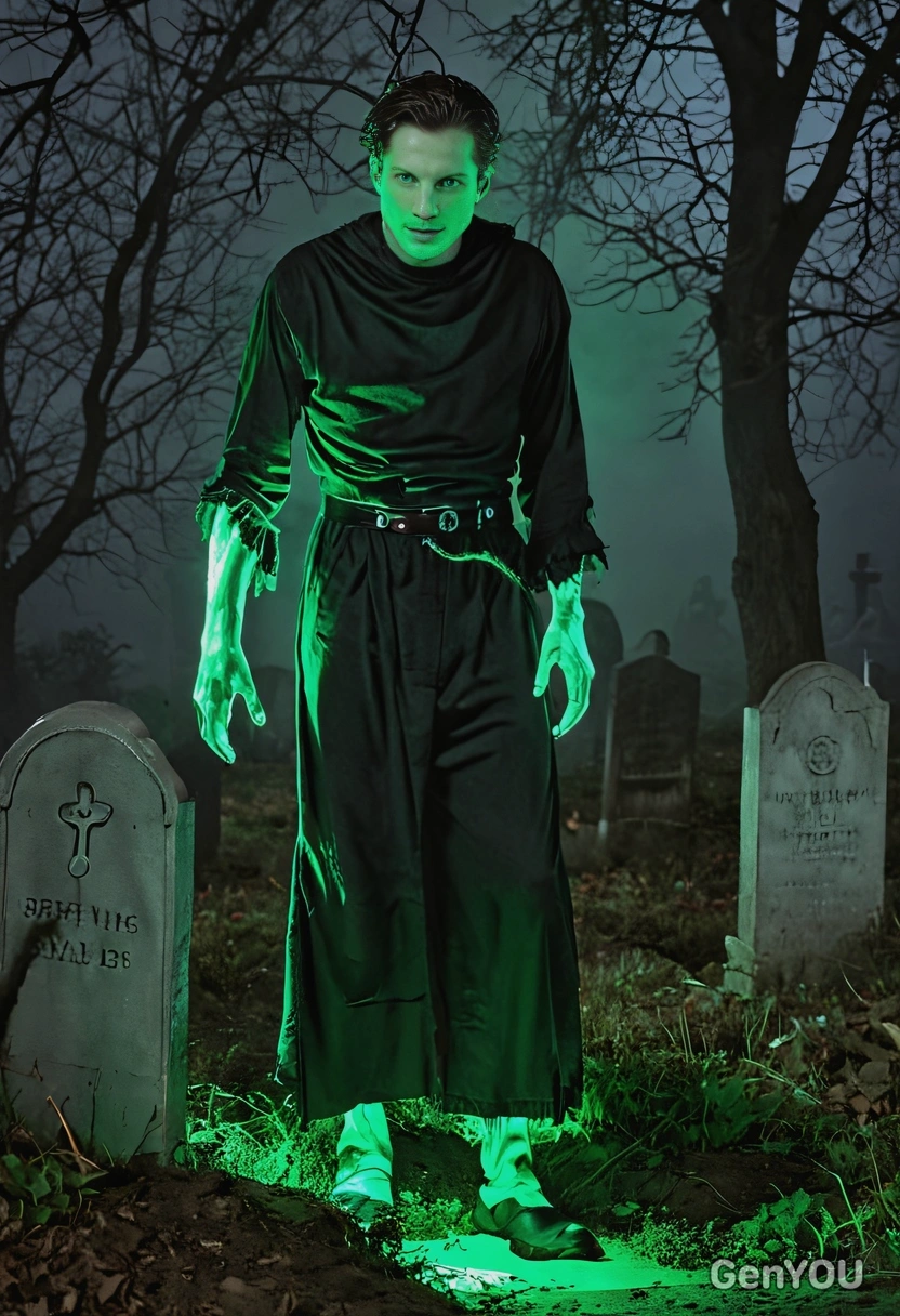 as a ghoul, rising from a grave with eerie green light 