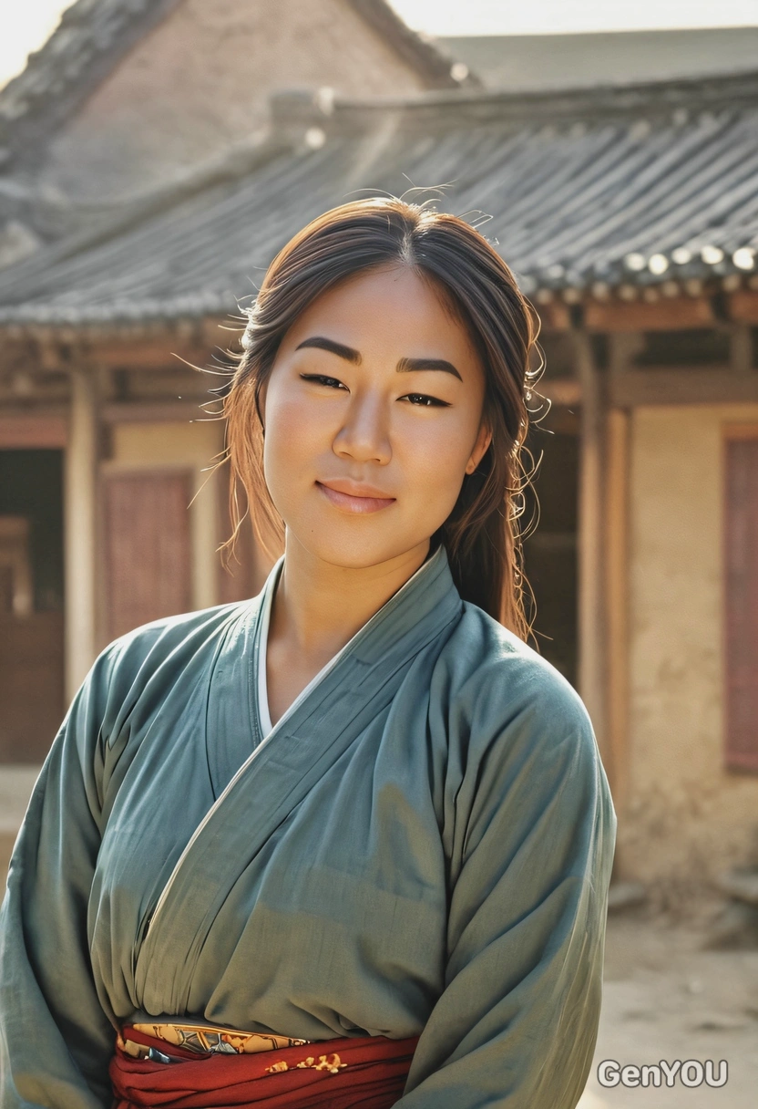 Tang Dynasty China,peasant woman, relaxed posing, dreamy look, blurry historical village, morning sun rays