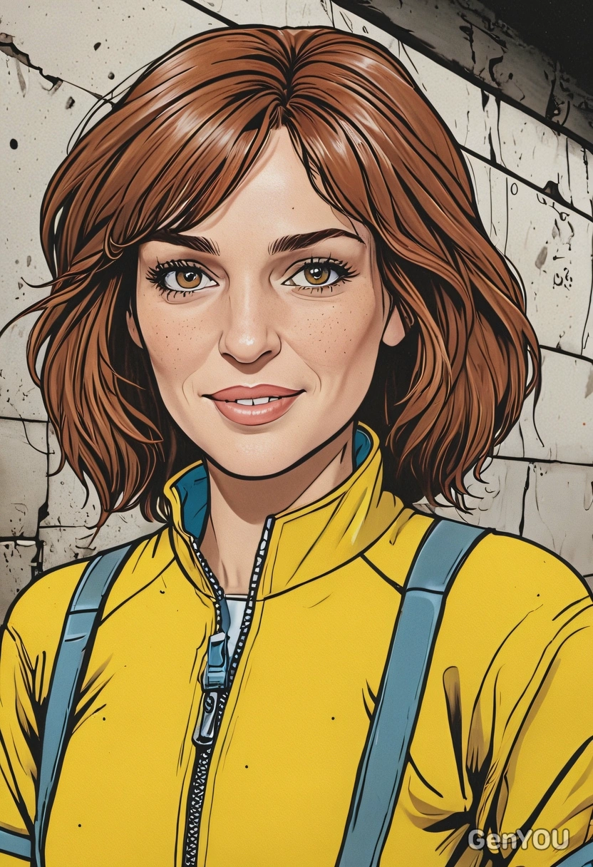 Hand-drawn flat cartoon style, April O’Neil from TMNT, thin outlines, yellow jumpsuit, oversized eyes, close-up portrait, NYC sewer entrance