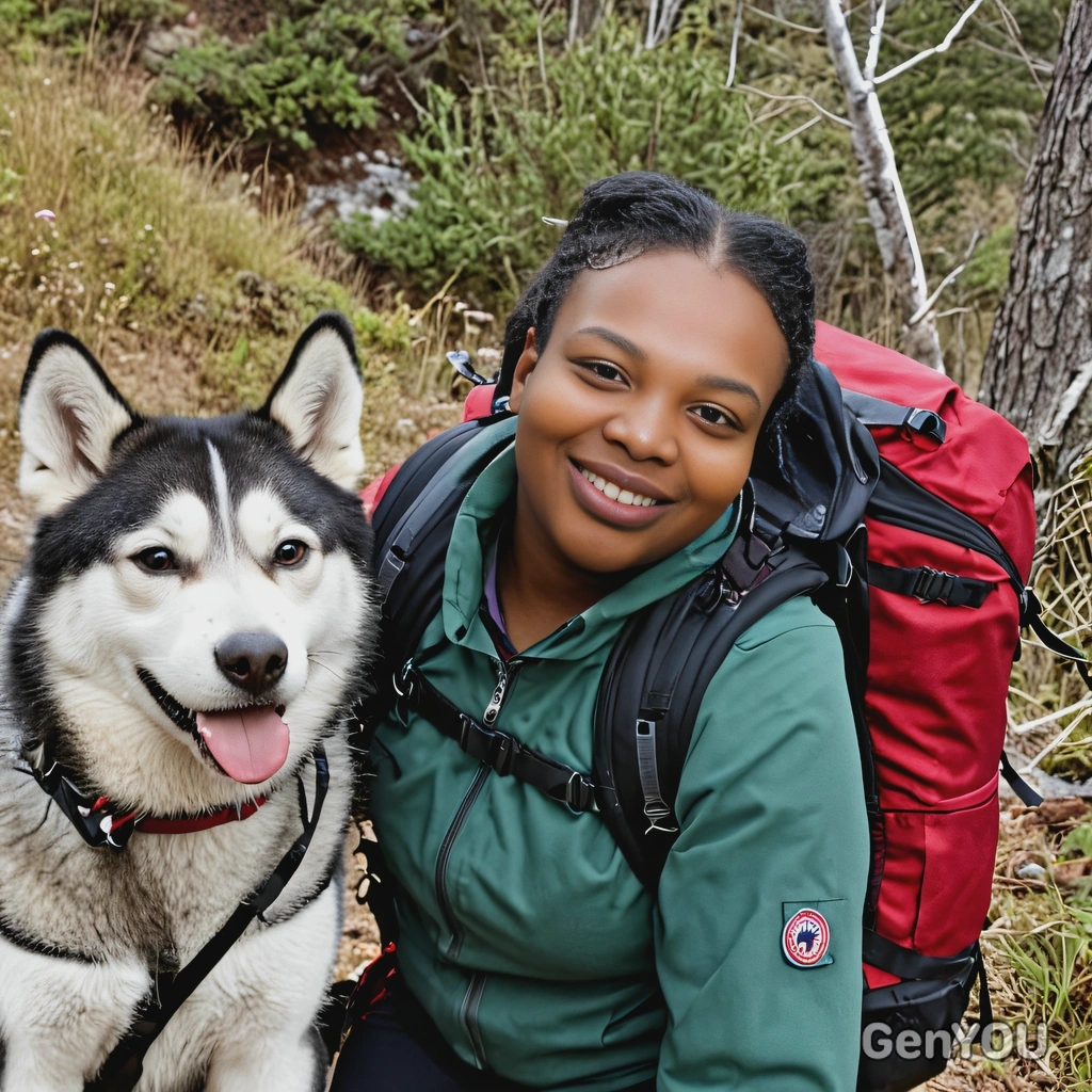 smiling, as a hiker with a backpack and a husky