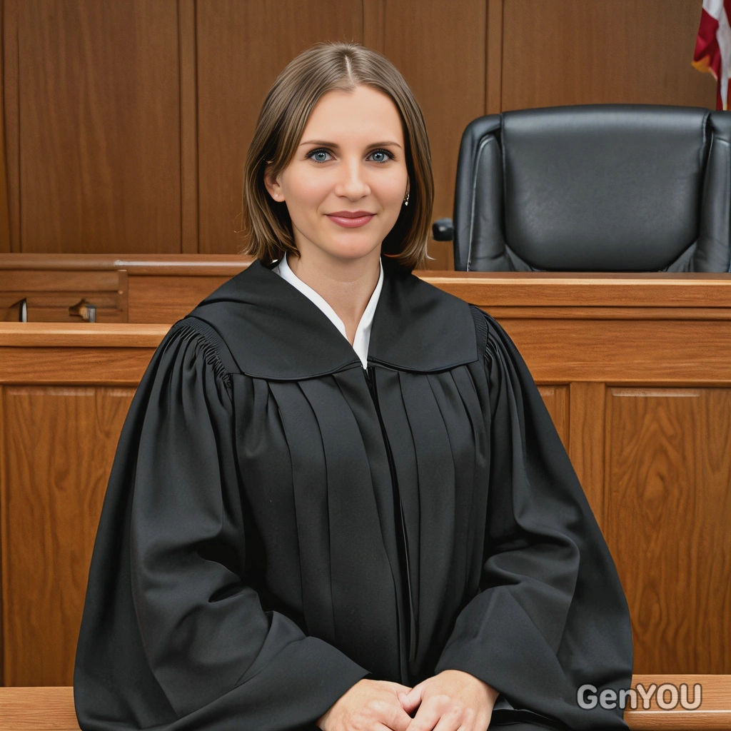 as a judge in a traditional black robe, sitting in a courtroom, half body