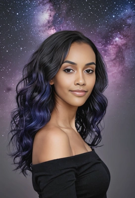 wavy, waist-length hair with a galaxy-inspired gradient of deep blue, purple, and black, soft focus, blurred background