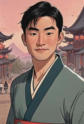 Hand-drawn flat cartoon style, Li Shang from Mulan, oversized cartoon eyes, training field lighting, waist-up portrait, imperial camp background