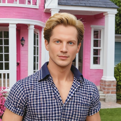 as realistic human Ken from the Barbie movie, blonde, outside Barbie's dreamhouse, mid-shot 