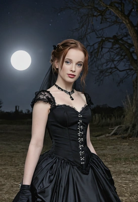 wearing a gothic, black vampiric ball gown, with the moonlight on the background