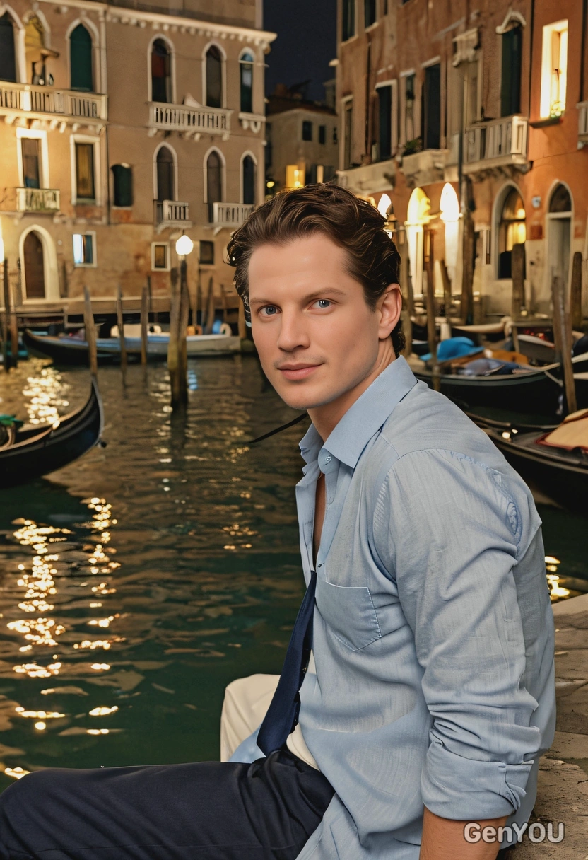 sitting in Venice, with the soft glow of the city's lights reflecting on the water, mid shot photo