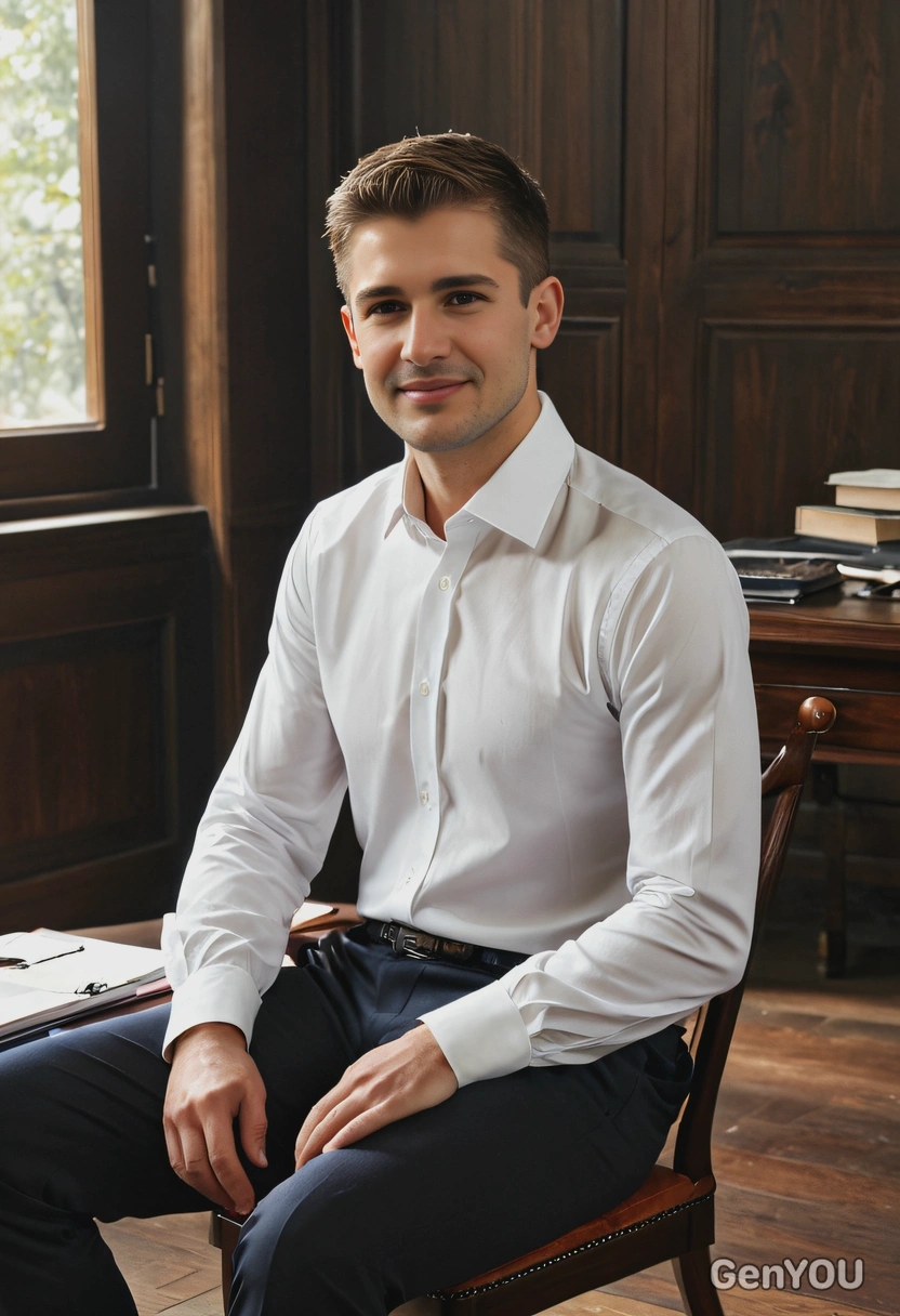 seated in a dark wood-paneled study, white classic shirt, sharp high-quality image, midday indoor lighting, sun glare, soft shadows, luxury style