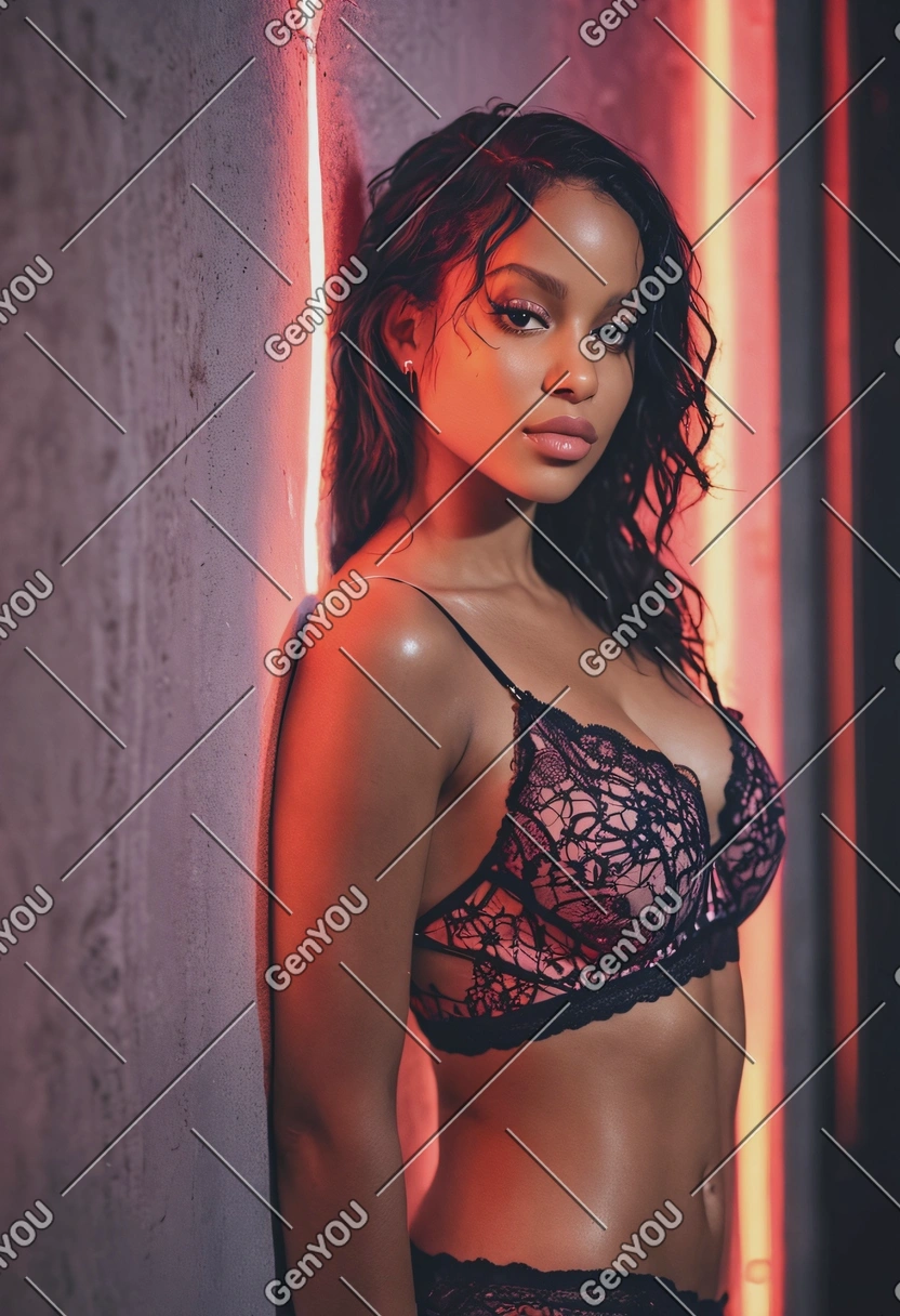 seductive sexy woman leaning on the wall, looking at the viewer, wearing modest lingerie, bokeh effect, bathed in a warm neon glow