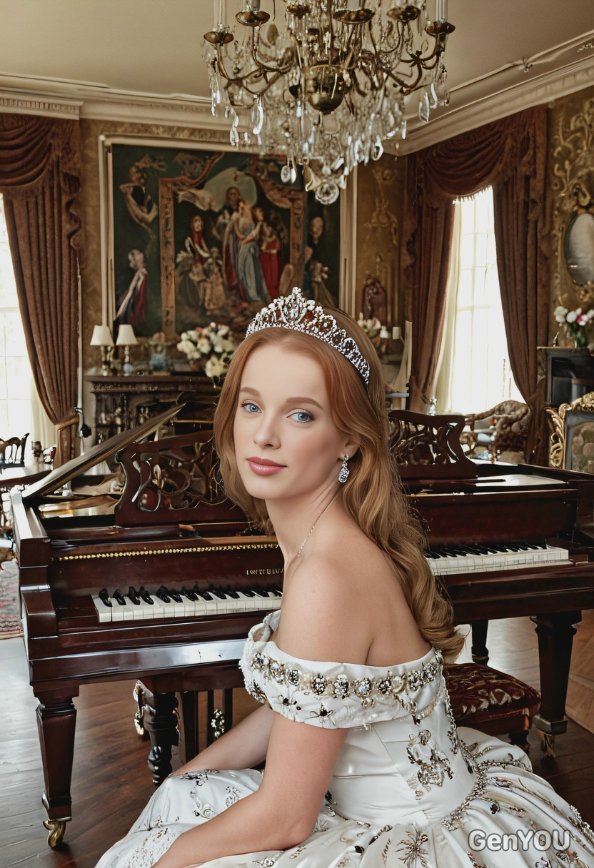 as a princess in a tiara, sitting by a grand piano in a lavish music room, surrounded by antique furniture and tapestries