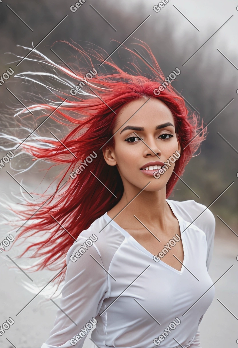blurry background, dramatic scene, red and white, wind,