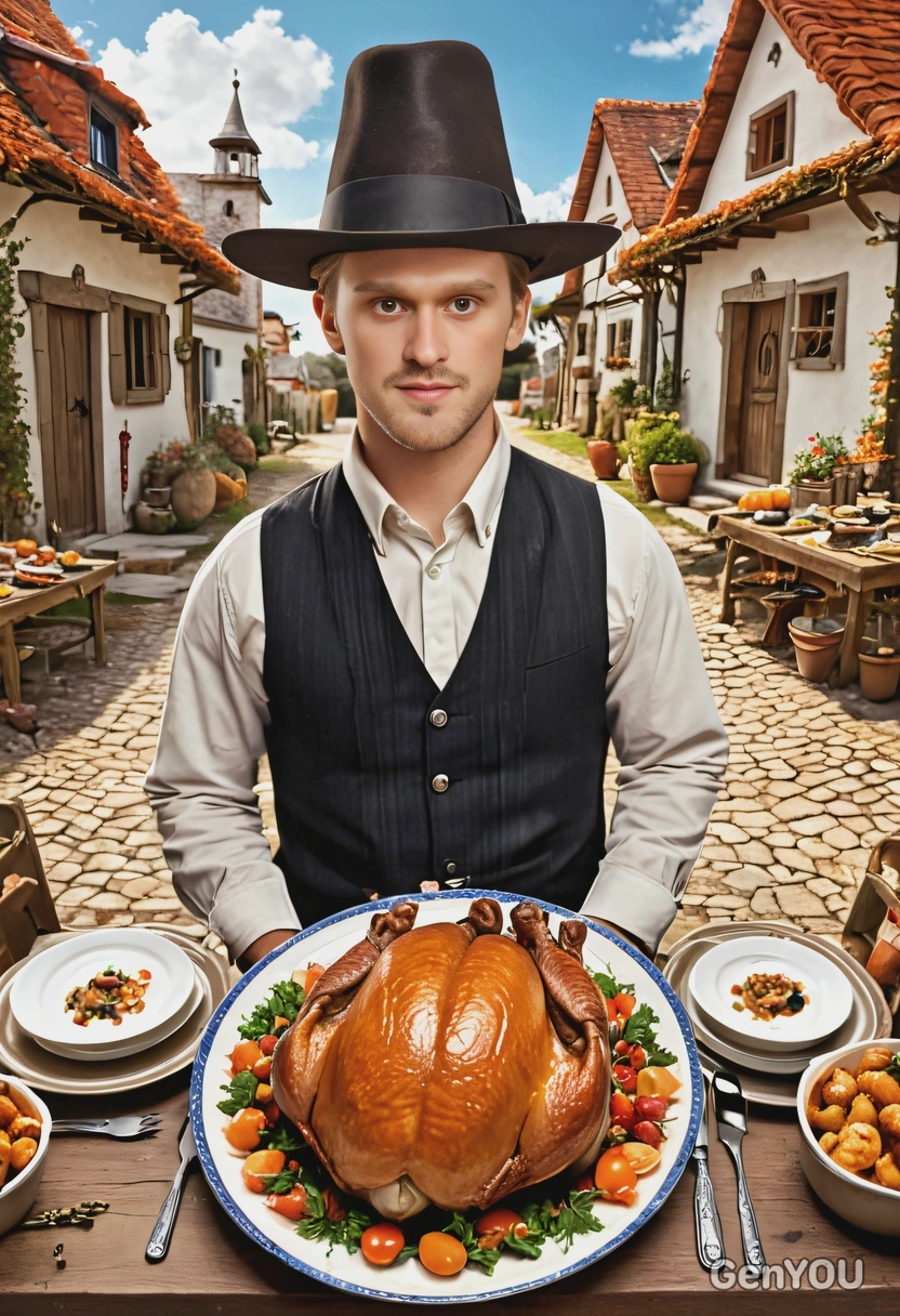 as a pilgrim on thanksgiving, in hat, with cooked turkey on plate, feast in a village behind, looking directly into the camera, symmetrical clothing details, cartoon style, high-quality stylized art