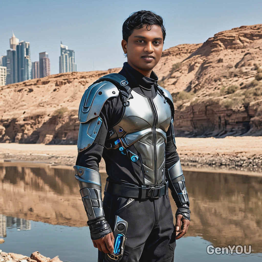  standing by a futuristic riverbank, cyberpunk outfit