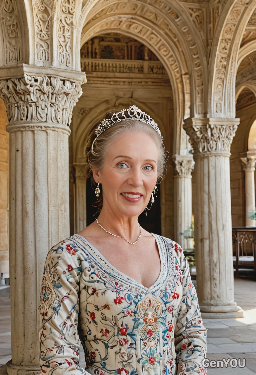 as a royal lady-in-waiting, wearing a richly embroidered dress, standing near a majestic palace courtyard with columns and arches, half body portrait 