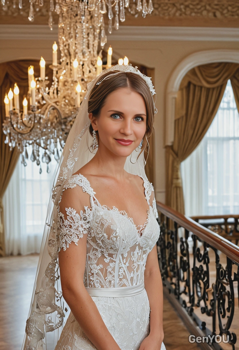 as the bride in an enchanting gown with intricate lace details, posing in front of a luxurious chandelier
