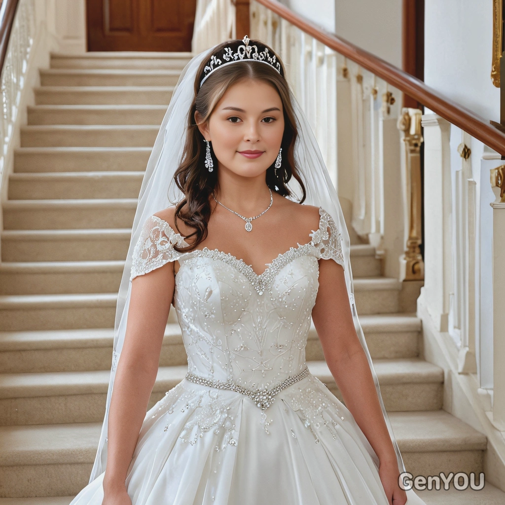 as the bride in a classic A-line wedding gown with a delicate tiara, walking down a grand staircase