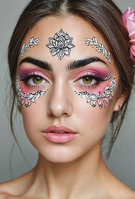 with a makeup inspired by patterns of lotus flower