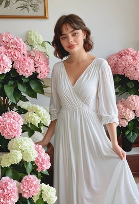 woman in a flowy white dress, surrounded by pink roses and white hydrangeas in her livingroom
