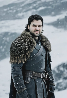 as Jon Snow from Game of Thrones, wearing fur armor, standing on a snowy hilltop, full body, blurred background, movie still