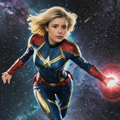Captain Marvel flying through space at light speed